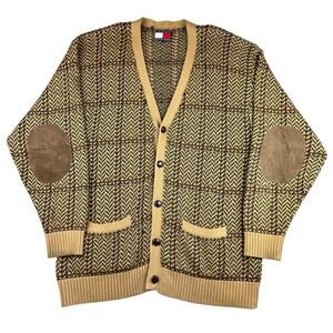 Tommy Hilfiger Plaid Knit Cardigan Sweater Men's XL Suede Elbow Patch Grandpa